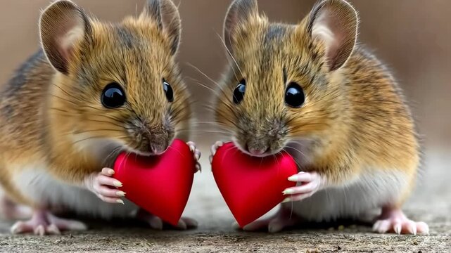 Two mice holding red hearts and showing affection in a natural setting on a sunny day