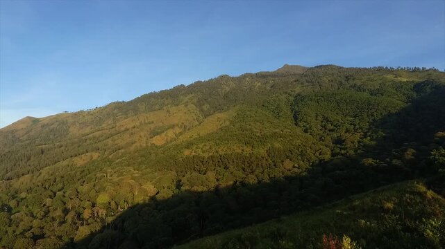 Stunning aerial view of the majestic green peak of Mount Arjuno under the clear blue sky in the morning.
