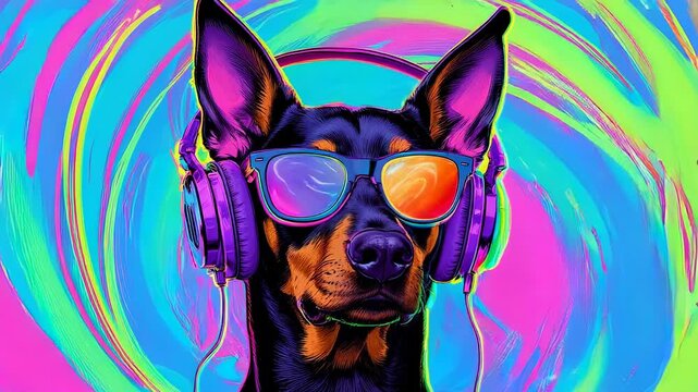 Doberman Pinscher Wearing Headphones and Sunglasses.