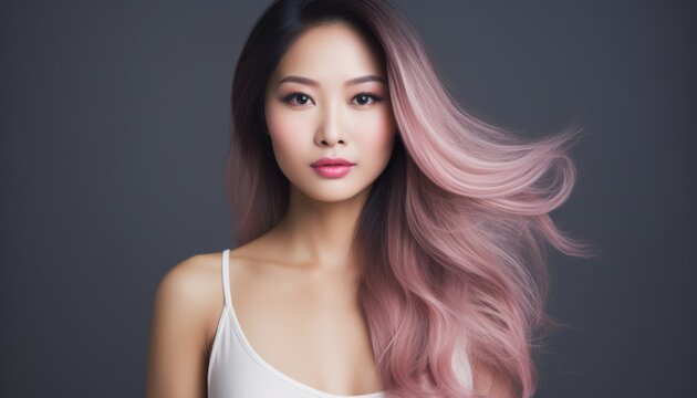 Young woman with long flowing hair showcasing modern hairstyle and vibrant color against a neutral backdrop