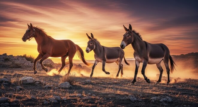 Three equines running across a landscape at sunset with warm colors
