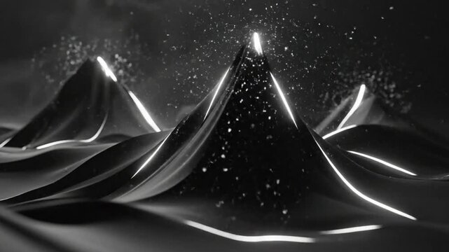 Abstract grayscale landscape with smooth, undulating surfaces, a glowing peak, and particles in the atmosphere
