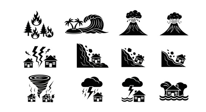 Black disaster icons on depicting natural calamities and destruction