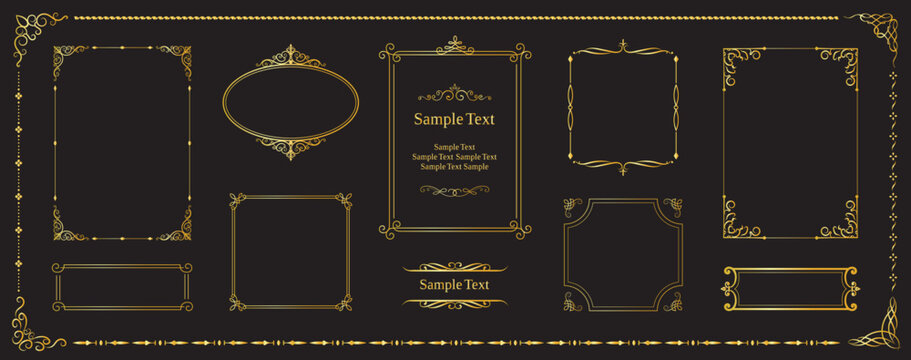 Luxury golden ornamental frames and decorative borders on black background, perfect for premium invitations, branding, packaging, menus, and elegant stationery.