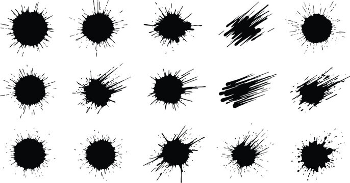 Black ink splashes collection featuring various artistic paint blot shapes on a clean isolated white background