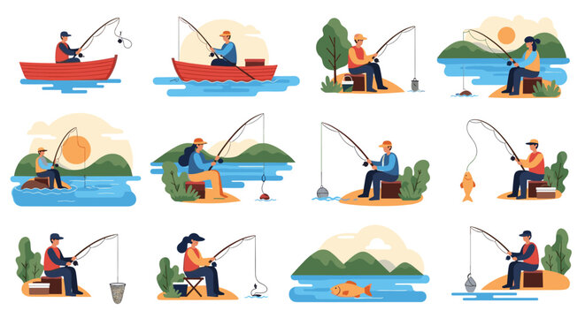 Collection of twelve illustrations showing various people fishing from boats and shores in different landscapes and weather.