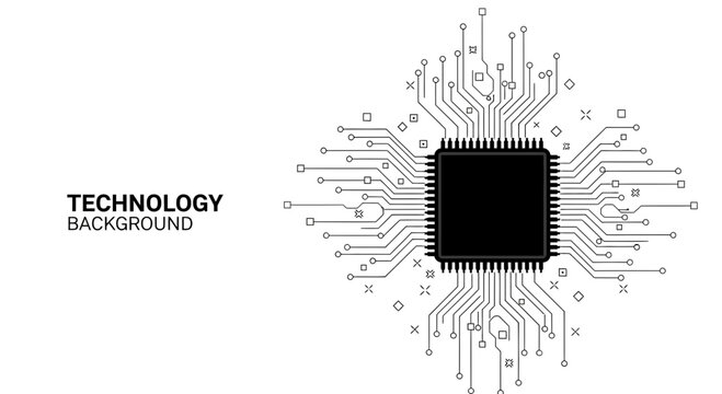 A black microchip on a circuit board background