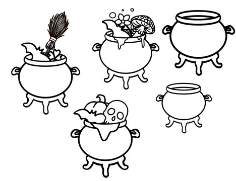 Hand drawn black and white witch cauldron set with bubbling potions and magical ingredients. Cute cartoon cooking pots with herbs mushrooms and fantasy decorations. Simple outlined doodle illustration
