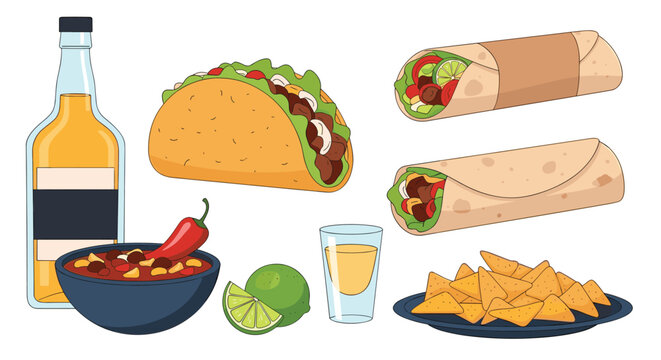 Traditional mexican food and drink assortment featuring tequila tacos burritos nachos and spicy chili bowl with lime and pepper.