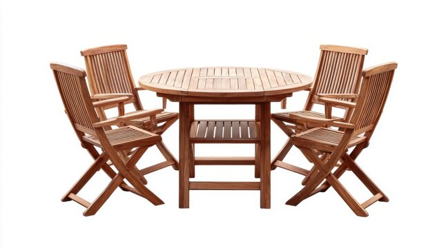 Wooden round garden dining table with four folding chairs set on white background