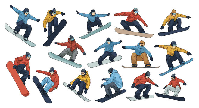 Collection of snowboarders in various action poses and colorful winter gear performing jumps and tricks on a white background.
