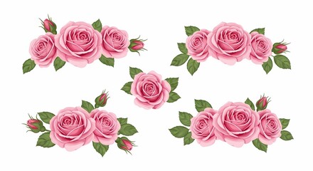 Naklejka premium Pink roses and green leaves arranged in floral patterns