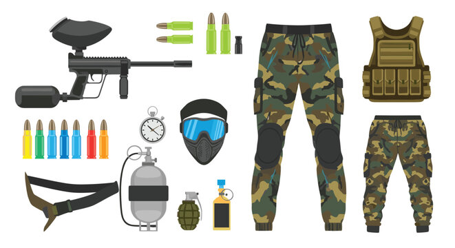 Complete paintball equipment set including a marker mask camouflage clothing protective vest air tank and ammunition.