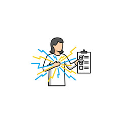 Fototapeta premium Simple illustration of a woman holding a checklist and experiencing severe stress or burnout, indicated by radiating lightning bolts from her chest on an isolated white background.