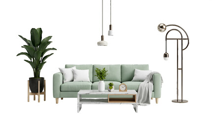 Modern living room interior with mint green sofa, marble coffee table, and indoor plants on transparent background. Scandinavian style living room furniture set featuring a pastel sofa, stylish floor. © bikram