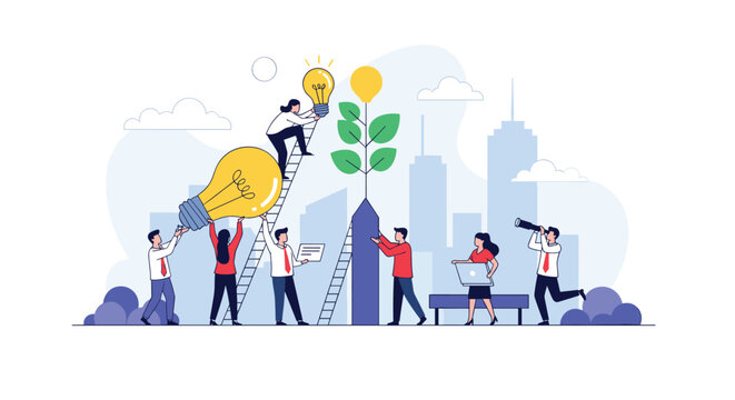 Business team collaborating to nurture a growing plant topped with light bulbs representing innovation and success.