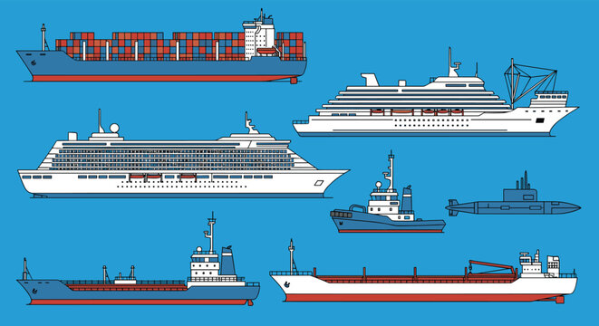 Variety of marine vessels such as container ships, luxury cruise liners, industrial tankers, and a stealthy submarine.