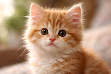 Fototapeta premium Close up of a cute ginger kitten with fluffy fur and big eyes for pet care, animal welfare, domestic pet ownership, and veterinary concepts.