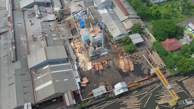 Aerial view of sawmill wood processing factory