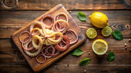 Fototapeta premium Overhead Shot of Prepared Octopus Rings and Onions on Wooden Cutting Board with Citrus Fruits