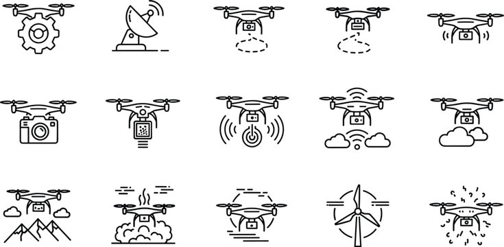 Drone and UAV Line-Art Icon Vector Set with Quadcopter, Camera, Sensor, Cloud, Mountains, Wind Turbine, GPS, and Wireless Signals for Aerial Photography, Surveying, and Technology Designs.