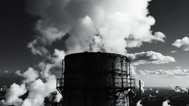 Industrial Smoke Stack Releasing Pollution into Atmosphere in Black and White, Environmental Concerns
