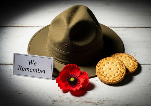 Anzac Day Tribute: Hat, Red Poppy, Biscuits and 'We Remember' Card