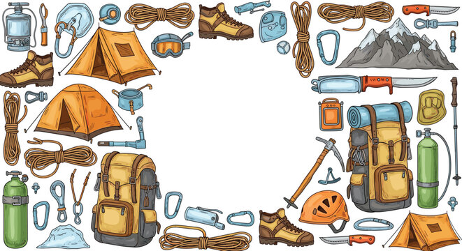 Frame of various camping and mountain climbing equipment including tents, backpacks, ropes, tools, and snowy mountains.