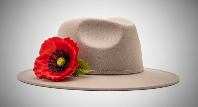 Beige Felt Fedora Hat with Red Poppy Flower Decoration