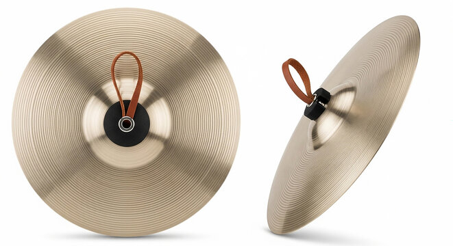 Pair of Brass Cymbals with Leather Straps on White Background