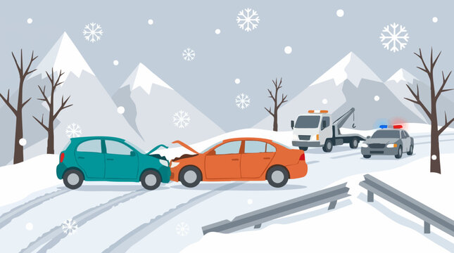 Winter car accident on snowy mountain road with emergency vehicles