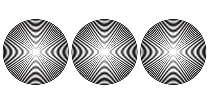 Black concentric circle set. Sonar or sound wave ring collection. Dotted and linear epicentre, target, radar icon concept. Ripple radial signal or vibration elements.