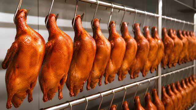 Roasted Ducks Hanging in Row at Food Processing Kitchen