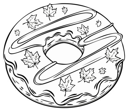 Black and white drawing of a decorated donut with maple leaves and icing, seasonal treats.