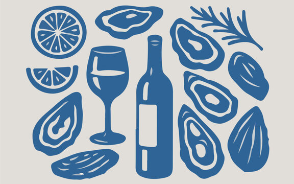 minimalist navy blue oyster seafood wine bottle lemon and herb illustration set in linocut style on cream background for coastal restaurant and fine dining design