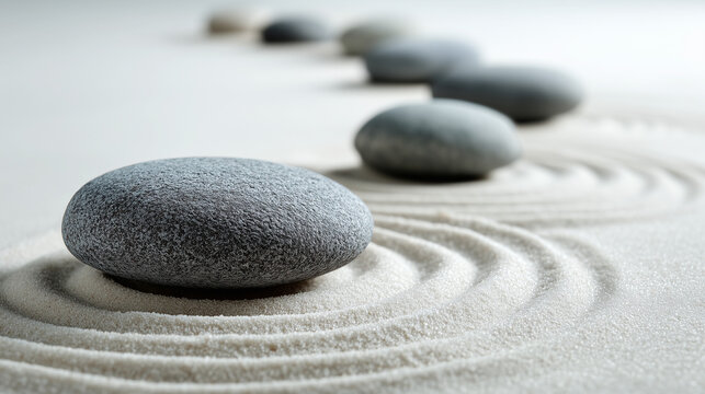 Zen garden stones with ripples in white sand representing balance peace and meditation in a minimalist landscape with soft natural lighting and shallow depth of field for relaxation concept