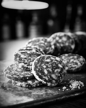 Slices of traditional finocchiona igp meat on a rustic board