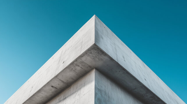 Minimalist architectural photography of a sharp concrete building corner against a clear blue sky Modern Brutalist design with strong geometric lines and raw industrial texture for architect