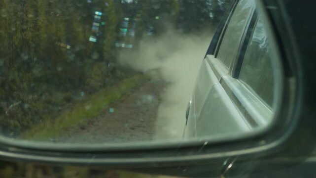 Side mirror reveals engulfing dust cloud close to vehicle, courieronroute context, low visibility hazard, gritty gravel texture, dynamic motion and urgent delivery energy