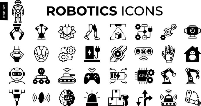 General Purpose Robotics Icon Set Grasper Torso Balance Walk Gait Object Detect Task Plan Dock Humanoid Robot Dexterous Hand Home Bot Manipulation Vector Illustration