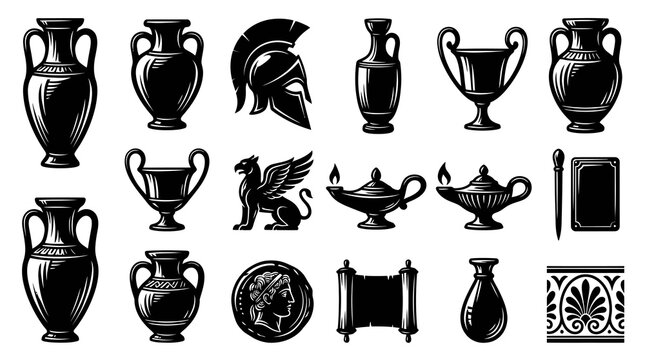 Ancient Greek Roman Vintage Objects Collection Black  White Vector Icons