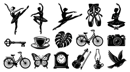 Obraz premium Elegant Black and White Silhouette Vector Icons Collection - Lifestyle, Hobbies, Nature, Travel Elements