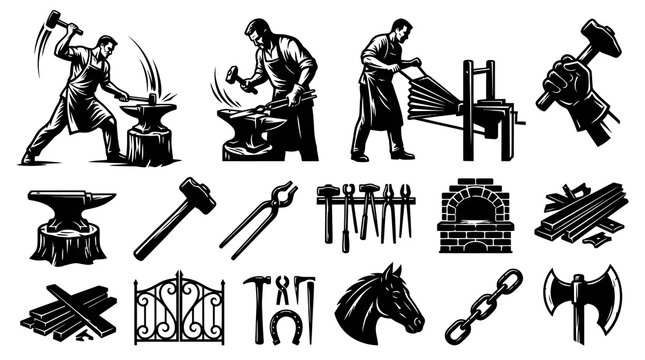 Monochrome Blacksmith and Metalworking Line Art Set: Artisans, Tools, Forge, Anvil, Ironwork Elements