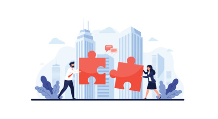 Fototapeta premium Business professionals working together to connect two large red puzzle pieces against a backdrop of a modern city skyline.