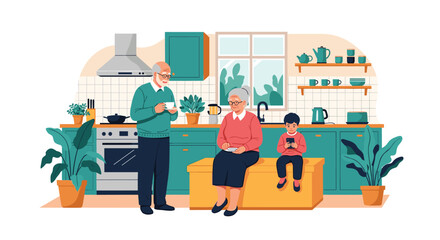 Fototapeta premium Warm family scene in a modern kitchen with grandparents drinking tea and a young boy sitting on the counter with a smartphone.