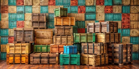 Fototapeta premium A Collection of Vintage Wooden Cargo Crates Stacked Against a Colorful Wall of Decorative Panels