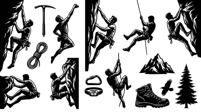 Climbing Vector Icons: Mountaineer Silhouette, Gear, Mountain Scenery - Black  White