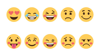 Naklejka premium Emoji expressions: A collection of various emoji expressions illustrates a spectrum of human emotion, from joyful laughter and love to thoughtful contemplation and worry.