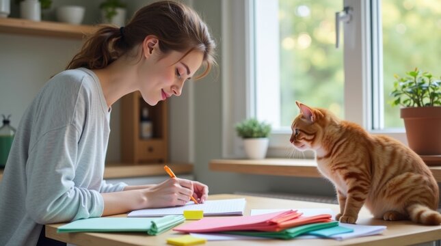 Una mujer joven organiza los documentos del seguro de mascotas con carpetas de colores y notas adhesivas
