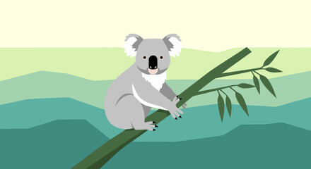 Charming vector illustration of an adorable koala peacefully resting on a sturdy eucalyptus branch against a soft, stylized natural landscape artwork © Manok Mas